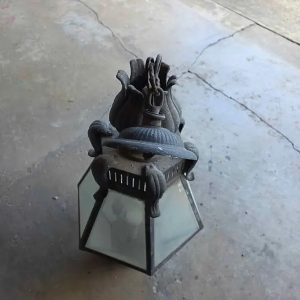 Vintage Gothic Revival Hanging Porch Lantern Large Tudor Cast Metal Entryway